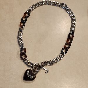 Juicy Couture Silver and Brown Tortoiseshell Chain Necklace with Heart Charm